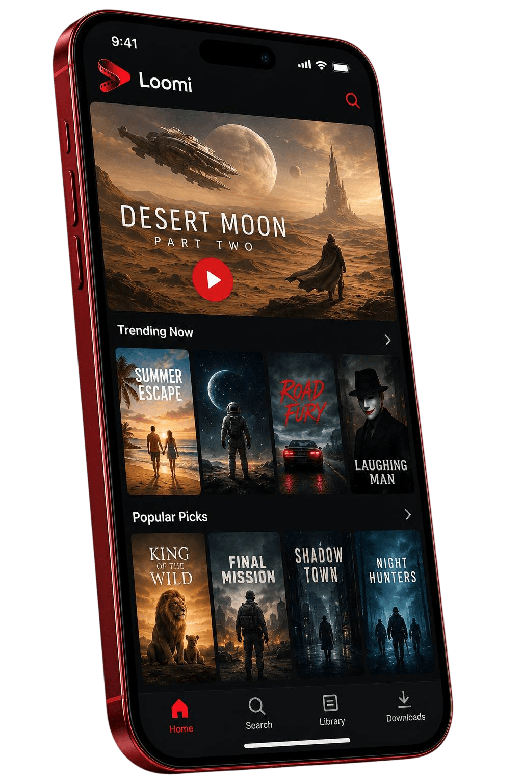 Interfaz de la app Loomi mostrando el catálogo de películas y series